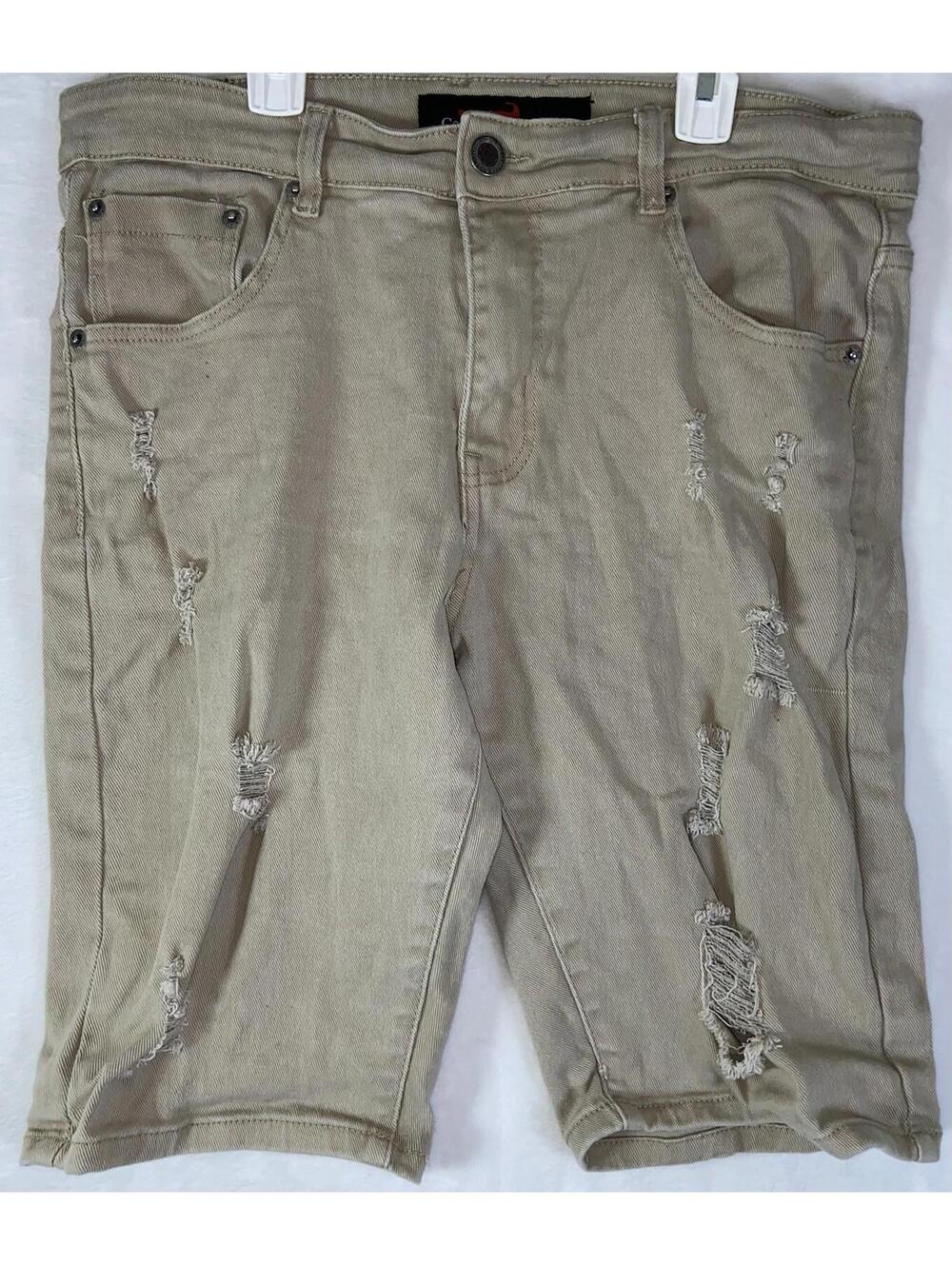 Copper Rivet Shorts Mens 34 (Actual 34x10) Beige Khaki Distressed Jeans Denim